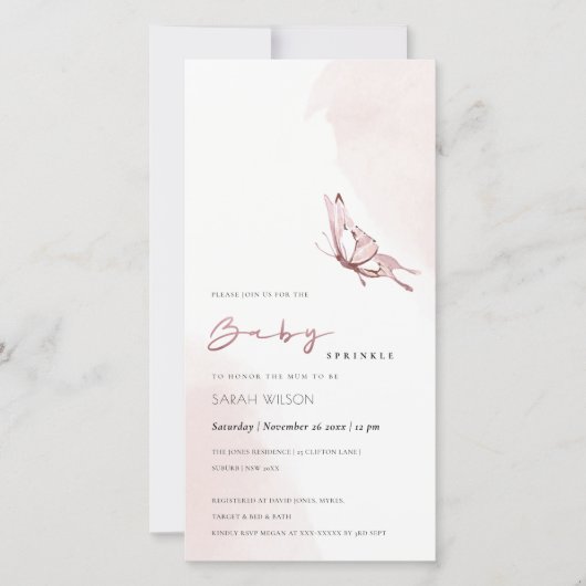 Blush Watercolor Butterfly Baby Sprinkle Invite Dankeskarte (Vorderseite)