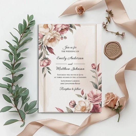 Blush Watercolor Floral Frame Wedding Invitation Einladung