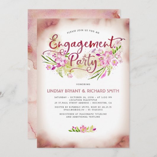 Blush Watercolor Floral Script Engagement Party Einladung (Vorne/Hinten)