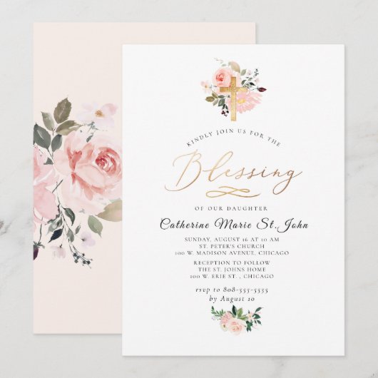 Blush Watercolor Flowers Faux Gold Blessing Einladung (Vorne/Hinten)