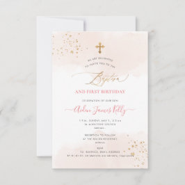 Blush Watercolor Gold Taufe+1. Geburtstag Einladung