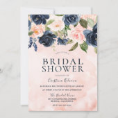 Blush Watercolor Navy Floral Brautparty Einladung (Vorderseite)