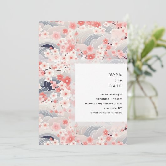 Blush Waves Sakura Blossom Modern Wedding Save The Date (Stehend Vorderseite)