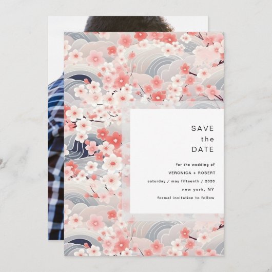 Blush Waves Sakura Blossom Modern Wedding Save The Date (Vorne/Hinten)