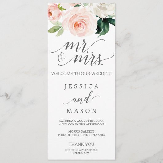 Blush Wedding Program Blushing Blooms Programm (Vorderseite)