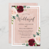 Blush Wedding: Watercolor Burgund Blumenzwiebelhoc Einladung (Vorne/Hinten)