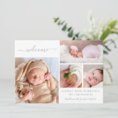 Blush Welcome Baby Girl Foto Collage Birth Ankündigung (Stehend Vorderseite)