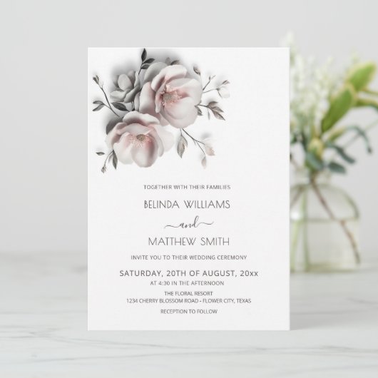 Blush White 3D Roses Wedding Einladung (Stehend Vorderseite)