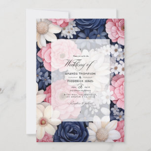 Blush, White and Navy Blue Floral Wedding Einladung