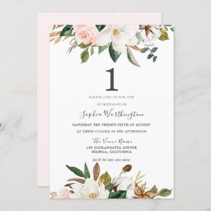 Blush & White Aquarellfarben Floral 1. Geburtstag Einladung