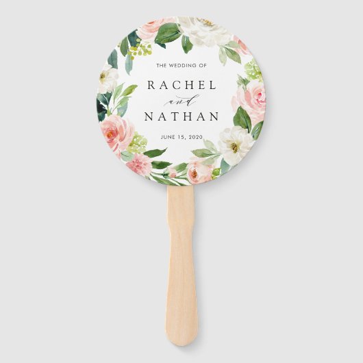 Blush White Bloom Bloral Wreath Wedding Fächer (Vorderseite)