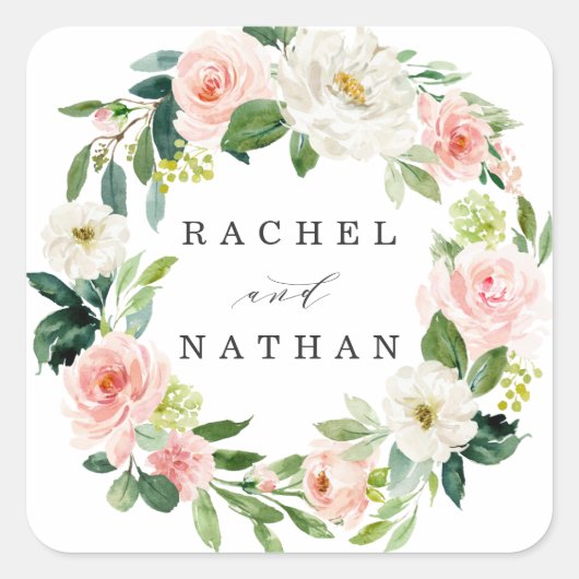 Blush White Bloom Bloral Wreath Wedding Quadratischer Aufkleber (Vorderseite)