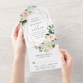 Blush White Bloom Gold Geometric Frame Wedding All In One Einladung