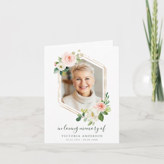 Blush White Bloom Gold Hexagon Beerdigung Dankeskarte (Vorderseite)