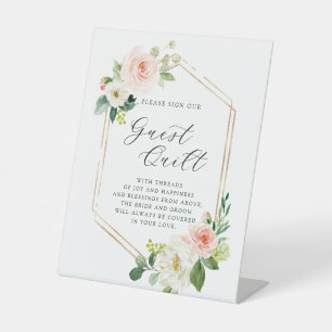 Blush White Bloom Gold Hexagon Wedding Guest Quilt Sockelschild
