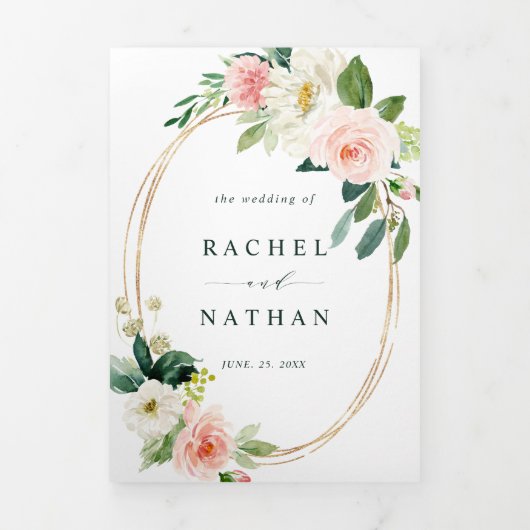 Blush White Bloom Gold Oval Rahmen Hochzeit Dreifach Gefaltete Einladung (Cover)