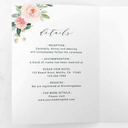 Blush White Bloom Gold Oval Rahmen Hochzeit Dreifach Gefaltete Einladung (Innen Erste Seite)