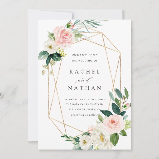 Blush White Bloom Gold Rahmen Einladung Hochzeitsf (Vorderseite)