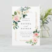 Blush White Bloom Gold Rahmen Einladung Hochzeitsf (Stehend Vorderseite)