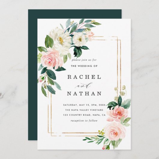 Blush White Bloom Gold Rahmen Einladung Hochzeitsf (Vorne/Hinten)