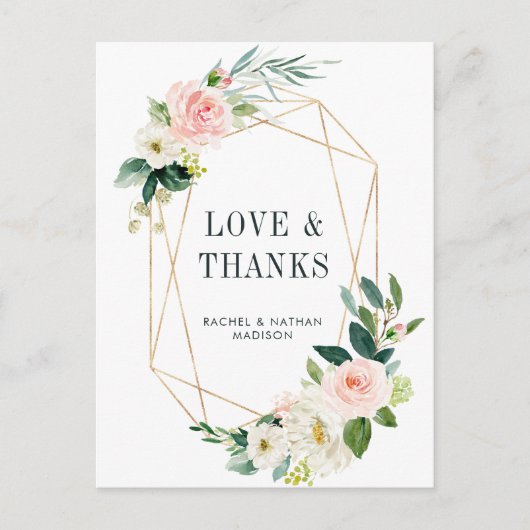 Blush White Bloom Gold Rahmen Hochzeit Vielen Dank Postkarte (Vorderseite)