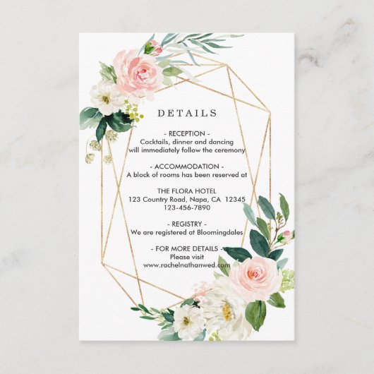 Blush White Bloom Gold Rahmen Hochzeitsdetails Begleitkarte (Vorderseite)