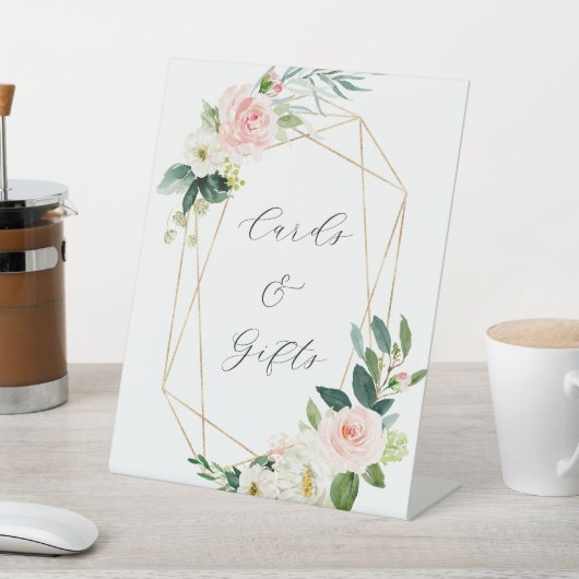 Blush White Bloom Gold Rahmen Hochzeitskarten & Ge Sockelschild (In SItu)