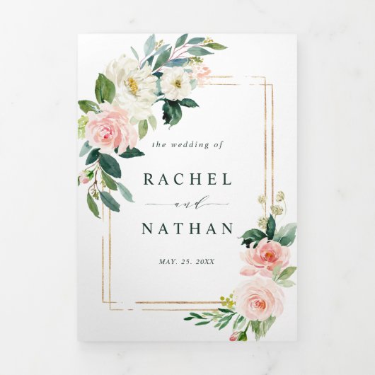 Blush White Bloom Gold Rectangle Rahmen Hochzeit Dreifach Gefaltete Einladung (Cover)