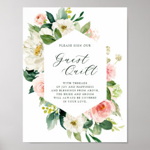 Blush White Bloom Hexagon Wedding Guest Quilt Sign Poster