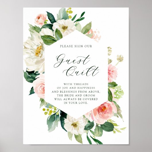 Blush White Bloom Hexagon Wedding Guest Quilt Sign Poster (Vorne)