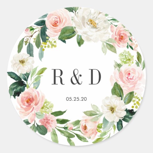 Blush White Bloral Wreath Monogramm Runder Aufkleber (Vorderseite)