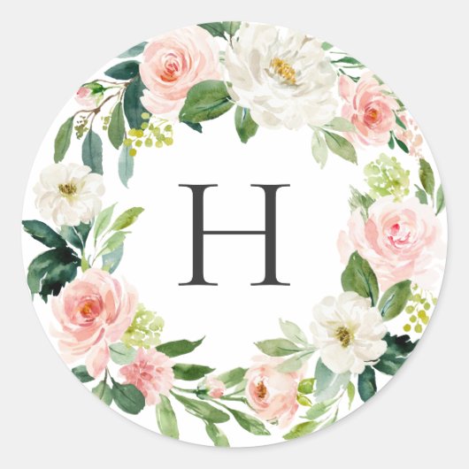 Blush White Bloral Wreath Monogramm Runder Aufkleber (Vorderseite)