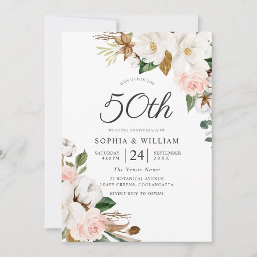 Blush & White Blume 50. Hochzeitstag Einladung (Vorderseite)
