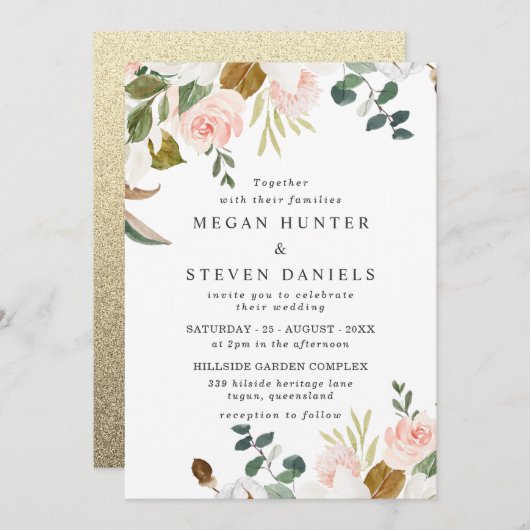 Blush & White Blume Gold Backing Moderne Hochzeit Einladung (Vorne/Hinten)