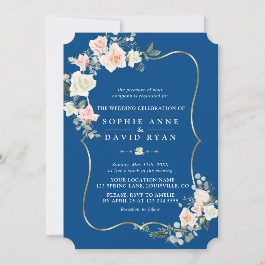 Blush White Blume Gold Classic Blue Wedding Einladung (Vorderseite)