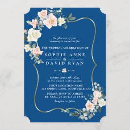 Blush White Blume Gold Classic Blue Wedding Einladung