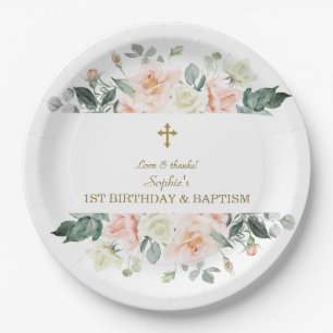 Blush White Blume Gold Girl 1. Geburtstag Taufe Pappteller
