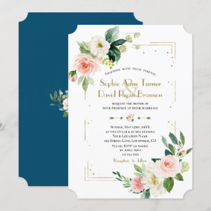 Blush White Blume Gold Glitzer Hochzeit Einladung