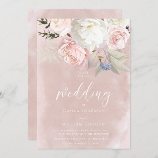 Blush & White Blume Schöne Hochzeit Einladung (Vorne/Hinten)