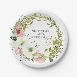 Blush & White Blumenkranz mit Zitat Hochzeit Pappteller