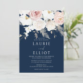 Blush & White Dusty Pink Navy Bloral Wedding Einladung (Stehend Vorderseite)