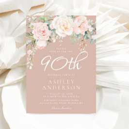 Blush & White Elegant Floral 90. Geburtstagsparty Einladung