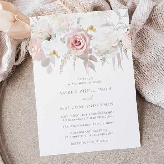 Blush & White Elegant Floral Wedding Einladung