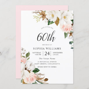 Blush & White Elegante Blume 60. Geburtstagsparty Einladung