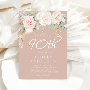 Blush & White Elegante Blumenparty zum 90. Geburts Einladung