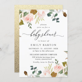 Blush & White Floral Gold Glitzer Babydusche Einladung