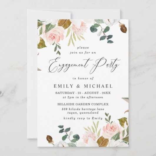 Blush & White Floral Gold Glitzer Engagement Party Einladung (Vorderseite)