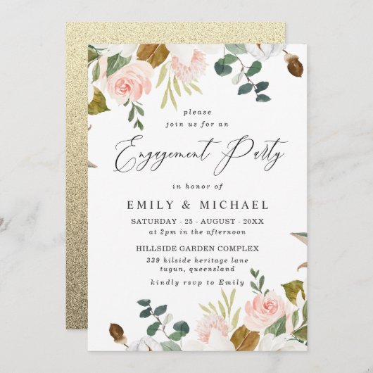 Blush & White Floral Gold Glitzer Engagement Party Einladung (Vorne/Hinten)