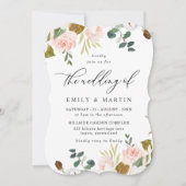 Blush & White Floral Gold Glitzer Hochzeit Einladung (Vorderseite)