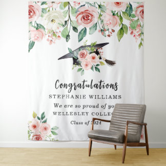 Blush & White Floral Graduation Congratulations Wandteppich